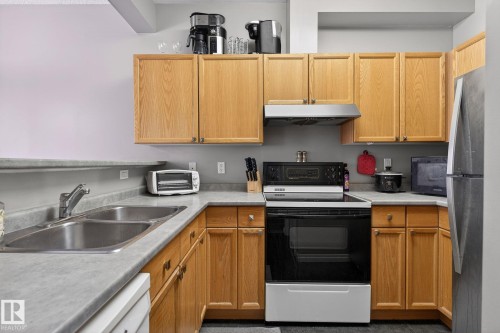 Kitchen featuring light wood-finish cabinetry, a dual basin stainless steel sink, and light-toned countertops - #103 8108 109 St Nw, Edmonton, AB 