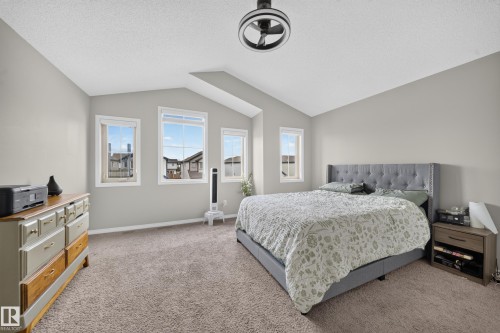 Vaulted ceilings, carpet flooring, multiple windows, and a ceiling fan with integrated lighting - 1927 51 Street Sw, Edmonton, AB - Indoor Photo Showing Bedroom