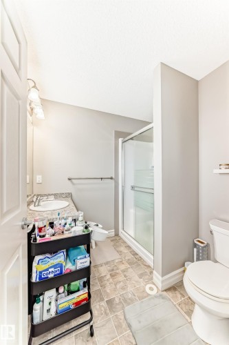 Vanity with a granite-style countertop and undermount sink, a glass-enclosed shower, and neutral floor tiling - #138 655 Tamarack Rd Nw, Edmonton, AB - Indoor Photo Showing Bathroom