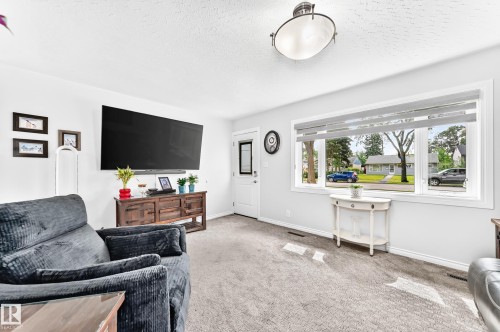 Spacious living area featuring light gray walls, plush carpeting, and a large window with roller shades - 10524 128 Avenue Nw, Edmonton, AB - Indoor