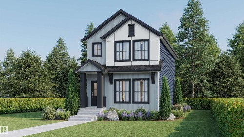 Modern architectural design with contrasting siding, black-framed windows, prominent entry porch, and manicured landscaping - 51 Clichy Close, St. Albert, AB - Outdoor With Facade