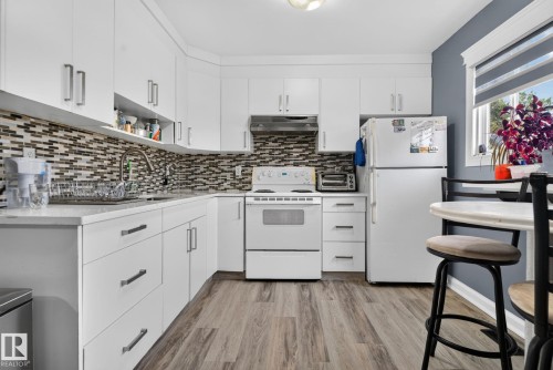 Modern kitchen with white cabinetry and wood-finish flooring - 1344 Lakewood Road West Nw, Edmonton, AB - Indoor Photo Showing Kitchen