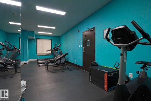 Fitness room featuring full-height mirror, rubber flooring, and multiple ceiling-mounted light fixtures - #209 304 Ambleside Link Li Sw Sw, Edmonton, AB - Indoor Photo Showing Gym Room