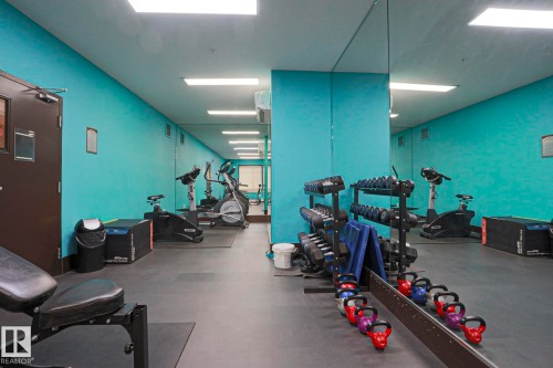 Fitness facility with rubber flooring, extensive mirrored wall, and overhead lighting - #209 304 Ambleside Link Li Sw Sw, Edmonton, AB - Indoor Photo Showing Other Room
