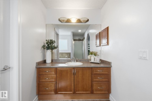 Wood-finish vanity with an integrated sink, broad countertop, and wall-mounted mirror - 3016 24 Ave Nw, Edmonton, AB - Indoor