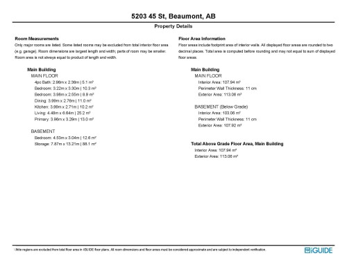 Property Details Report. Detailing room measurements and floor area information for the property - 5203 45 Street, Beaumont, AB - Other