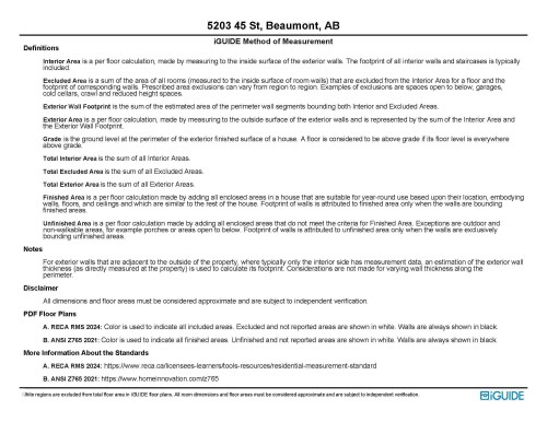 IGUIDE Method of Measurement. Detailing definitions, notes, disclaimers, and floor plan information for the property - 5203 45 Street, Beaumont, AB - Other