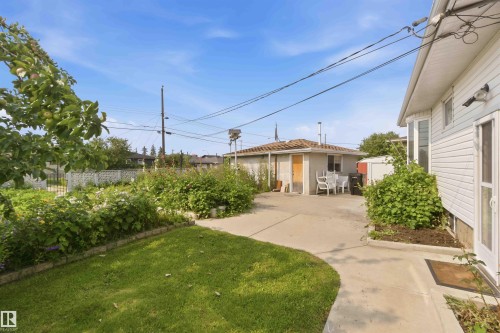 Expansive backyard featuring a concrete patio, a separate structure, and a manicured lawn - 8031 135A Avenue Nw, Edmonton, AB - Outdoor