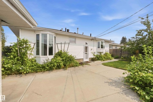 Welcoming front entrance featuring expansive concrete driveway, mature landscaping with established greenery, large picture windows, and clean siding exterior under clear skies - 8031 135A Avenue Nw, Edmonton, AB - Outdoor