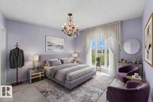 Serene primary bedroom suite featuring soft lavender walls, a crystal chandelier, and abundant natural light from French doors opening to outdoor space - 8031 135A Avenue Nw, Edmonton, AB - Indoor Photo Showing Bedroom