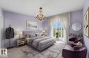 Serene primary bedroom suite featuring soft lavender walls, a crystal chandelier, and abundant natural light from French doors opening to outdoor space - 8031 135A Avenue Nw, Edmonton, AB  - Indoor Photo Showing Bedroom 