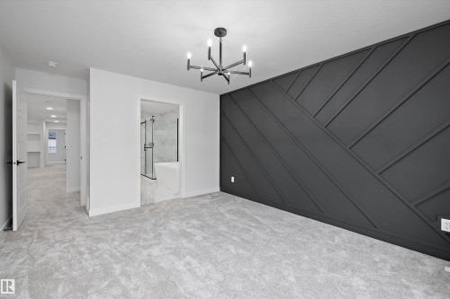 Accent wall with geometric paneling, contemporary chandelier, light-toned carpeting, and a full bathroom with a shower-over-tub combination - 971 Elderberry Landing Nw, Edmonton, AB - Indoor Photo Showing Other Room