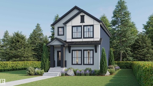 Modern farmhouse exterior with a covered porch entry, board and batten siding, dark trim windows, and a paved walkway - 265 Edgemont Green Nw, Edmonton, AB - Outdoor With Facade