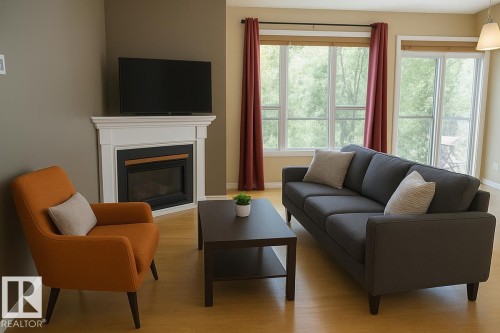 #434 10023 110 St Nw, Edmonton, AB - Indoor Photo Showing Living Room With Fireplace