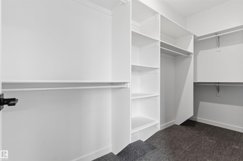 Built-in white shelving, integrated hanging rods, and dark gray carpeted flooring - 8815 181 Avenue Nw, Edmonton, AB - Indoor With Storage