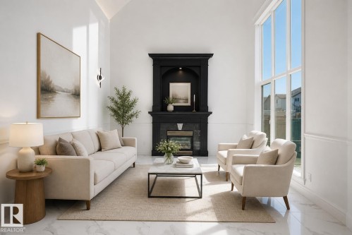 Soaring vaulted ceiling, floor-to-ceiling windows, marble-look tile flooring, black-finished fireplace, and wall sconce lighting - 6823 18 Avenue Sw, Edmonton, AB - Indoor Photo Showing Living Room With Fireplace