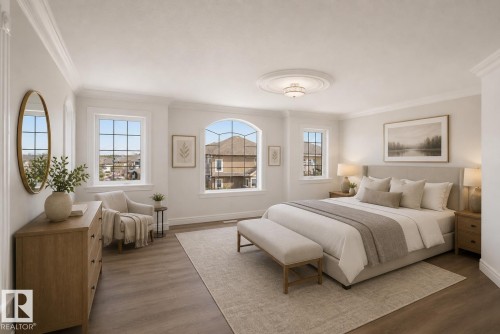 Wood-finish flooring with an area rug, multiple windows, a ceiling light fixture with a decorative medallion, and crown molding - 6823 18 Avenue Sw, Edmonton, AB - Indoor Photo Showing Bedroom