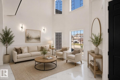 Soaring ceiling height, expansive windows with grid patterns, decorative wall sconces, white wall paneling, and polished floor tiles - 6823 18 Avenue Sw, Edmonton, AB - Indoor Photo Showing Living Room