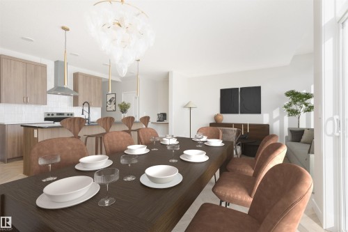 Open-concept living space featuring a modern kitchen with wood-finish cabinetry, stainless steel appliances, and a kitchen island with seating - 24 Clichy Close, St. Albert, AB - Indoor Photo Showing Dining Room