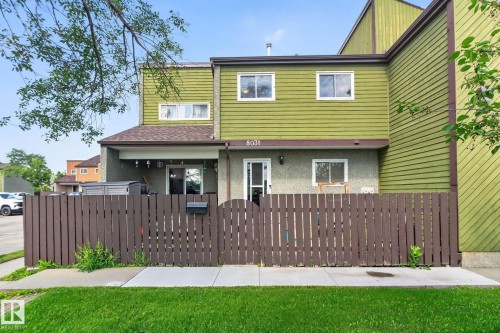 Two-story townhouse with green and grey exterior siding, brown roof, and multiple windows - 8031 27 Avenue Nw, Edmonton, AB - Outdoor