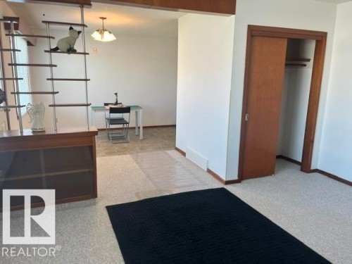 Carpeted living area with a built-in shelving unit featuring wood-finish shelves and a partial room divider - 5213 50 Avenue, Vegreville, AB - Indoor Photo Showing Other Room
