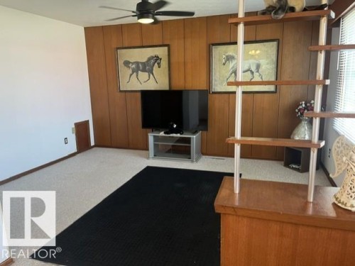 Panel accent wall and light-colored carpet flooring - 5213 50 Avenue, Vegreville, AB - Indoor Photo Showing Other Room