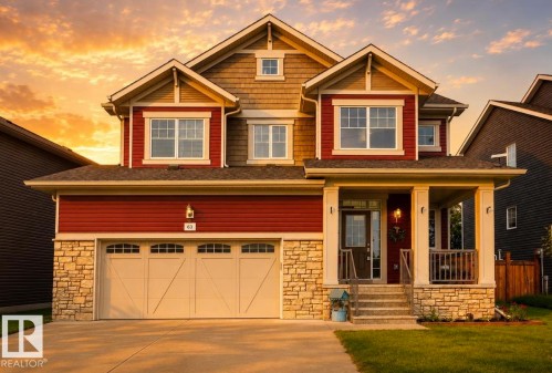 Two-story Colonial featuring a red cedar shake and brick exterior with multiple gabled rooflines and architectural detail - 63 Rosemount Boulevard, Beaumont, AB - Outdoor With Facade