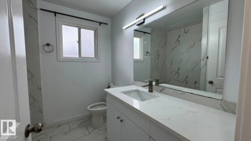 Modern vanity with an integrated sink, quartz countertop, and a large wall-mounted mirror - 41 Lancaster Terrace Nw, Edmonton, AB - Indoor Photo Showing Bathroom