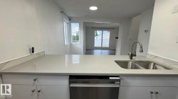 Light-toned solid surface countertop with an integrated double basin sink and gooseneck faucet, stainless steel dishwasher, and white cabinetry with brushed nickel hardware - 