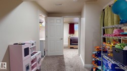 Versatile bonus room with carpet flooring, white six-panel door, and built-in wire shelving with storage capacity - 