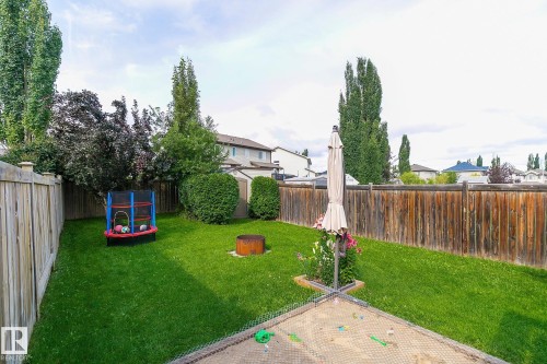 Expansive backyard featuring a fenced perimeter, green lawn, established trees, and a sand area - 107 Hartwick Loop, Spruce Grove, AB - Outdoor With Backyard