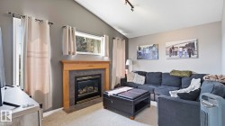 Living area featuring a gas fireplace with a wood mantle, carpet flooring, and track lighting - 