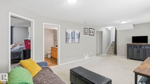 Carpeted basement recreation room with neutral gray walls - 4105 36A Avenue Nw, Edmonton, AB - Indoor