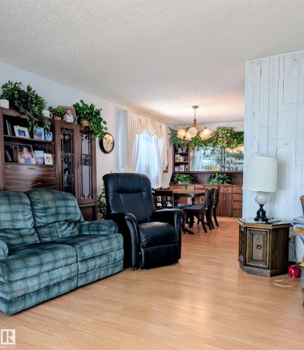 Wood-finish flooring throughout, white textured ceiling, and a distinct white paneled wall accent - 6014 50 Street, Vegreville, AB - Indoor Photo Showing Living Room