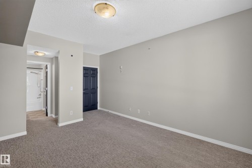 Gray textured carpeting, light gray wall finishes, white trim, and a dark paneled door - #205 6315 135 Av Nw, Edmonton, AB - Indoor Photo Showing Other Room