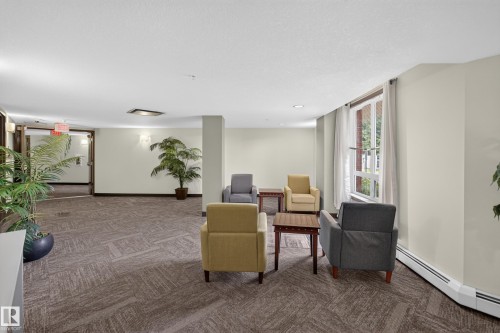 Spacious common area featuring patterned carpeting, multiple seating arrangements, and large window - #205 6315 135 Av Nw, Edmonton, AB - Indoor Photo Showing Other Room