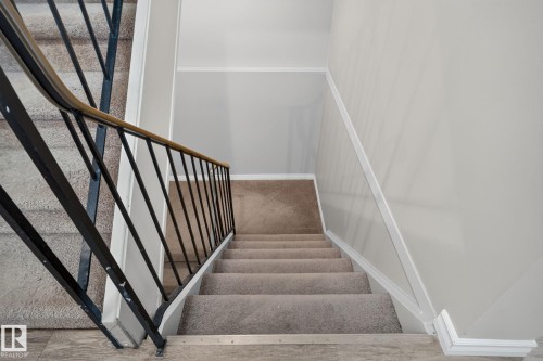 Carpeted staircase with a black metal railing and brass-finish handrail, complemented by neutral wall tones - 17775 95 Street Nw, Edmonton, AB 