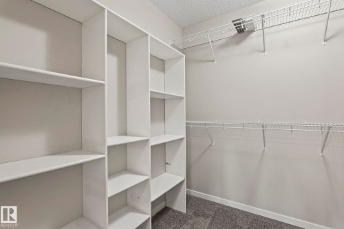 Built-in white shelving system, wire shelving, and textured gray carpeting - 5210 23 Ave Sw, Edmonton, AB - Indoor With Storage