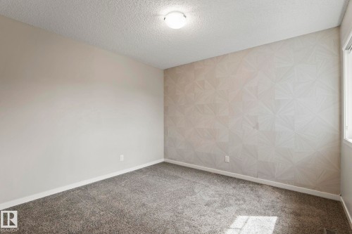 Textured wall accent, neutral wall paint, gray carpet flooring, flush mount ceiling light, and natural light from window - 5210 23 Ave Sw, Edmonton, AB - Indoor Photo Showing Other Room