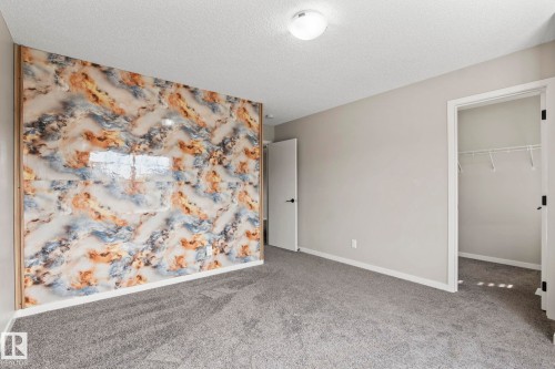 Feature wall with multi-color paneling, grey carpeting, and white trim - 5210 23 Ave Sw, Edmonton, AB - Indoor Photo Showing Other Room