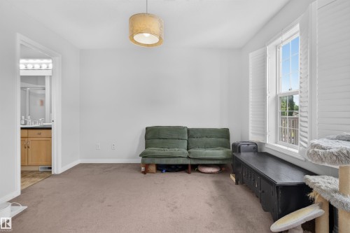 Carpeted room featuring a ceiling-mounted light fixture, window with plantation shutters, and an open doorway to a bathroom with a vanity and mirror - 4471 Mccrae Avenue Nw, Edmonton, AB - Indoor