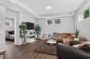 Wood-finish flooring throughout, light gray walls, white trim, and recessed lighting fixtures - #34 6520 2 Av Sw, Edmonton, AB  - Indoor Photo Showing Living Room 