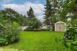 Lush green lawn with a white privacy fence and mature trees - 