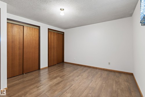 Wood-finish flooring, two sets of built-in sliding panel doors, white painted walls, and a ceiling-mounted light fixture - 8411 136 Avenue Nw, Edmonton, AB - Indoor Photo Showing Other Room