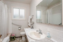 Bathroom featuring a single-pane window with frosted glass, a white toilet, and a white integrated sink set into a laminate countertop - 
