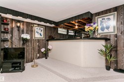 Built-in entertainment bar with textured paneling, a dark countertop, and mirrored backsplash - 