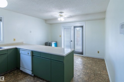 Kitchen area featuring green cabinetry, light-toned countertops, a built-in dishwasher, and a ceiling fan - 4903 11A Avenue Nw, Edmonton, AB - Indoor Photo Showing Kitchen