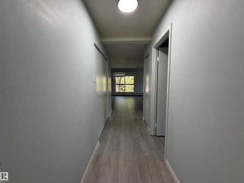 Hallway with wood-finish flooring and light gray walls - #202 9929 113 St Nw, Edmonton, AB 