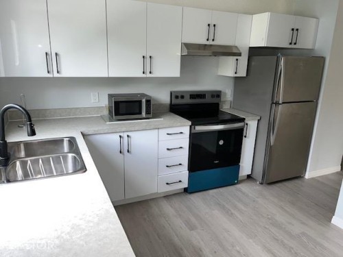 Kitchen featuring white cabinetry, light countertops, stainless steel appliances, and wood-finish flooring - #202 9929 113 St Nw, Edmonton, AB - Indoor Photo Showing Kitchen With Double Sink