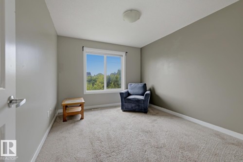 Neutral wall paint, light-toned carpeting, ceiling-mounted light fixture, and a window with exterior scenery - #9 13215 153 Av Nw, Edmonton, AB - Indoor
